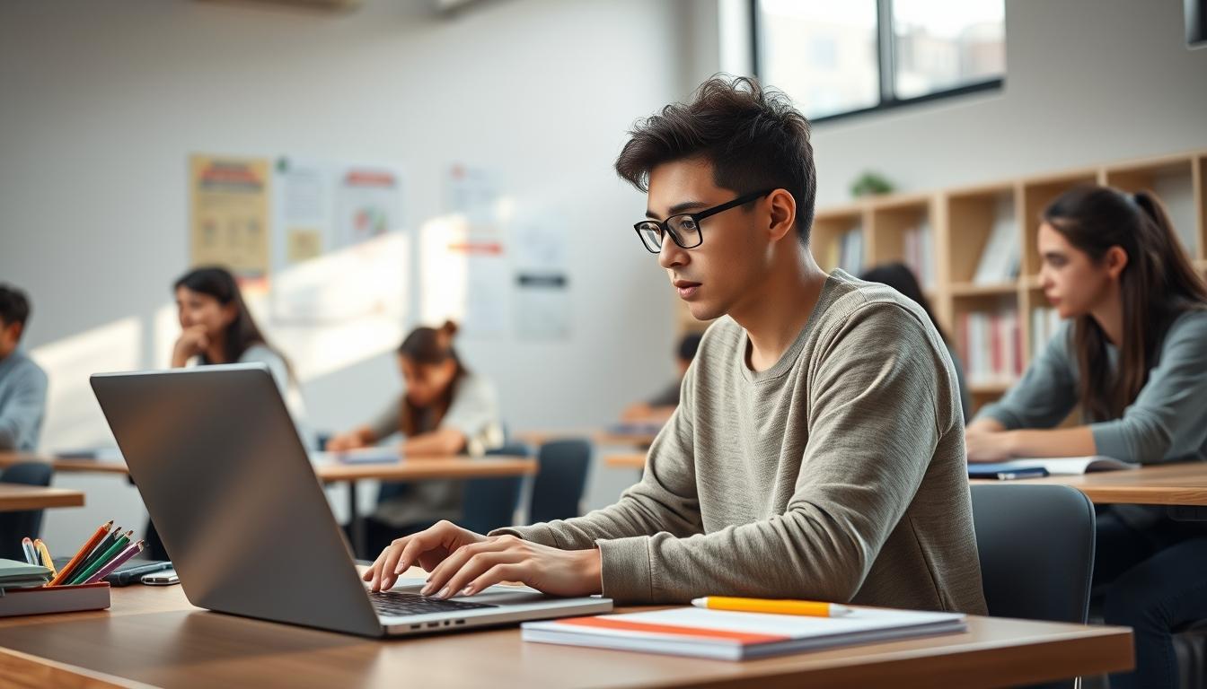 Student using a study guide to organize academic notes