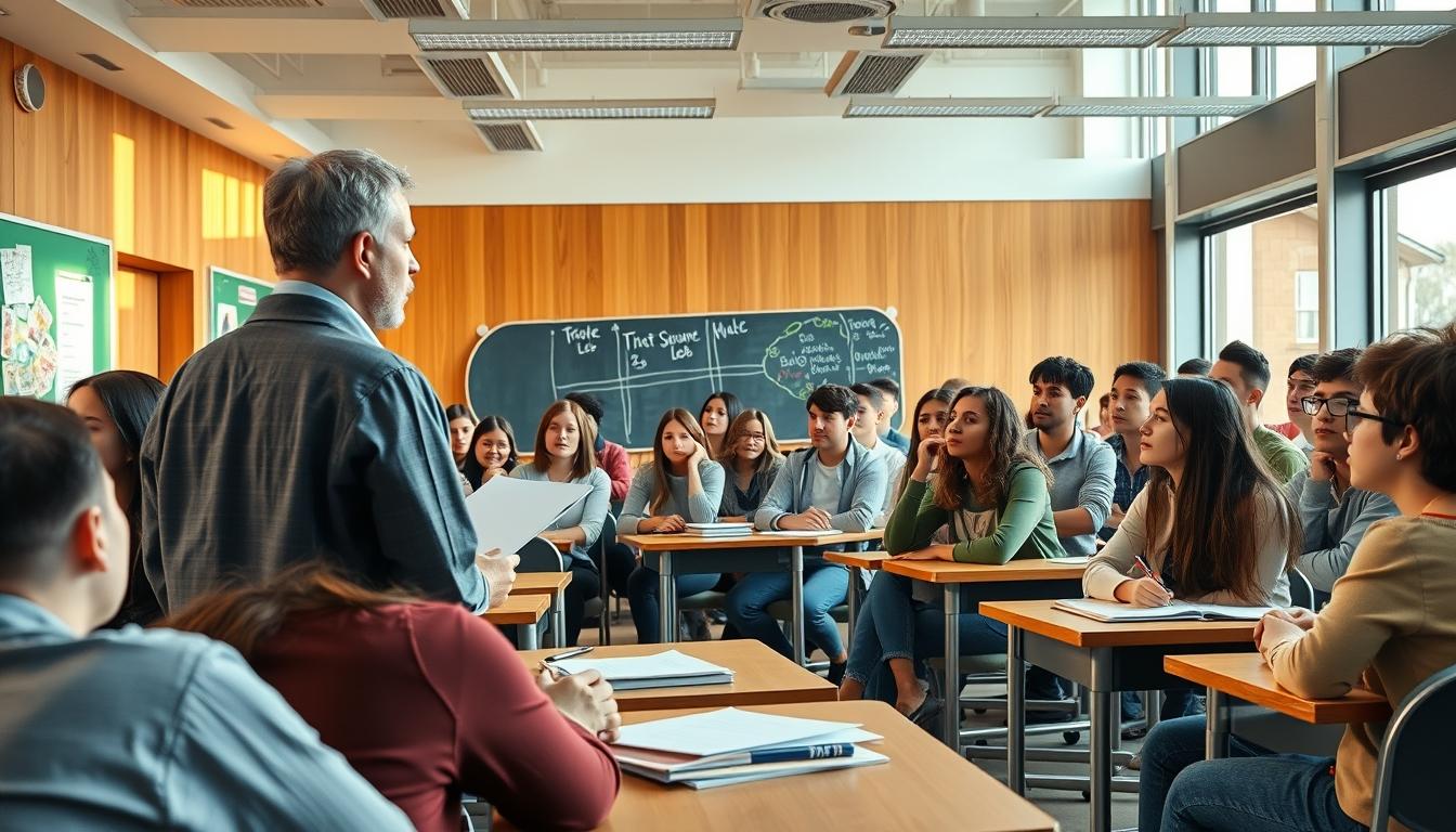 Students studying together in modern classroom